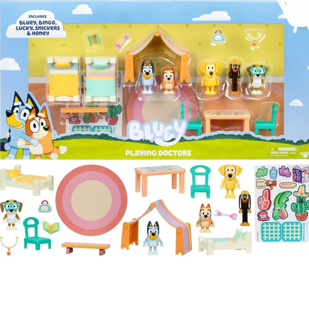 Bluey Playing Doctors Set includes Bluey, Bingo, Lucky, Snickers & Honey